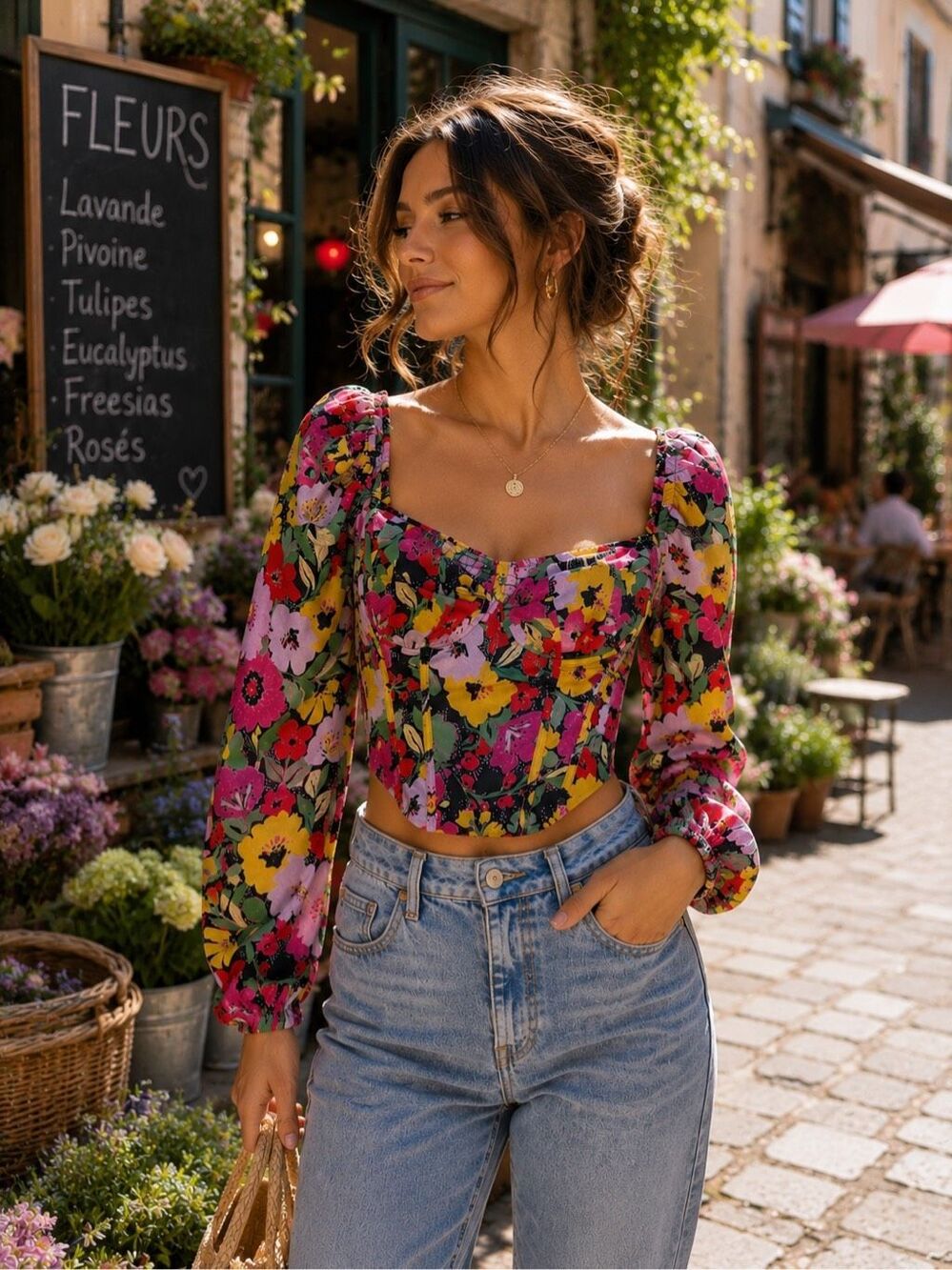 ASTR The Label Floral Corset Crop Top Puff Sleeve Bustier Blouse Size Small